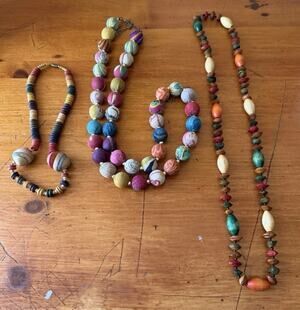 Boho Paper Bead Necklace Bundle Colorful Artisan Statement Jewelry Lot of 3